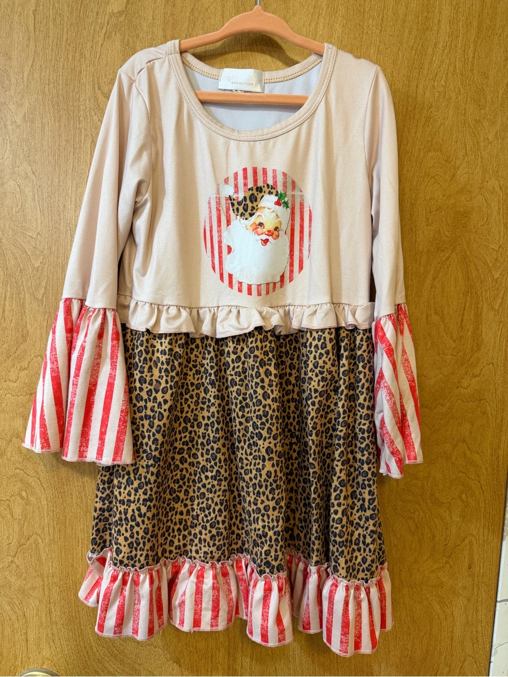 Girls' Santa Leopard & Striped Ruffle Dress